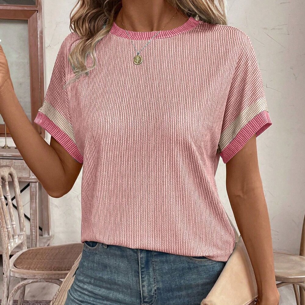 Pink Casual Women's Crew Neck Short Sleeve Striped Loose T-Shirt - Picture 7 of 7